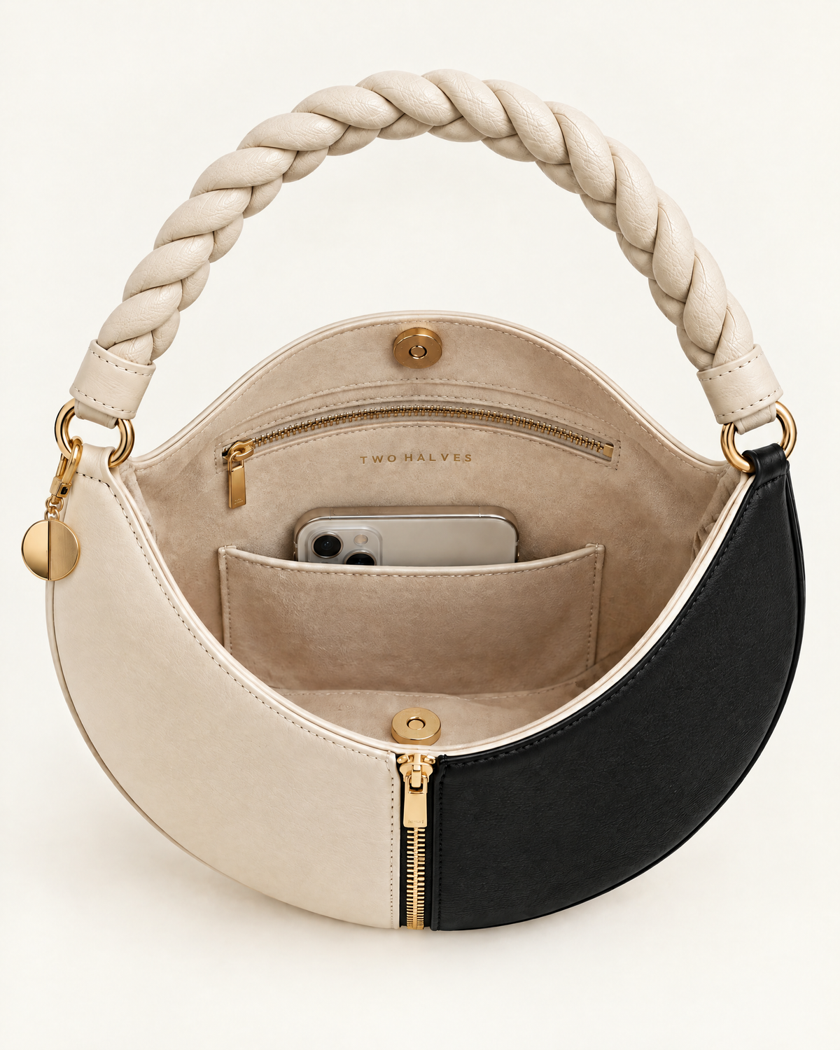 Inside: suede-feel lining, zip pocket and slip pocket
