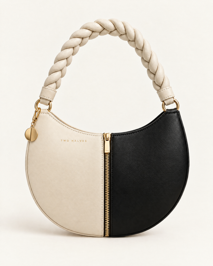 Two Halves bag in cream and black with gold centre zip